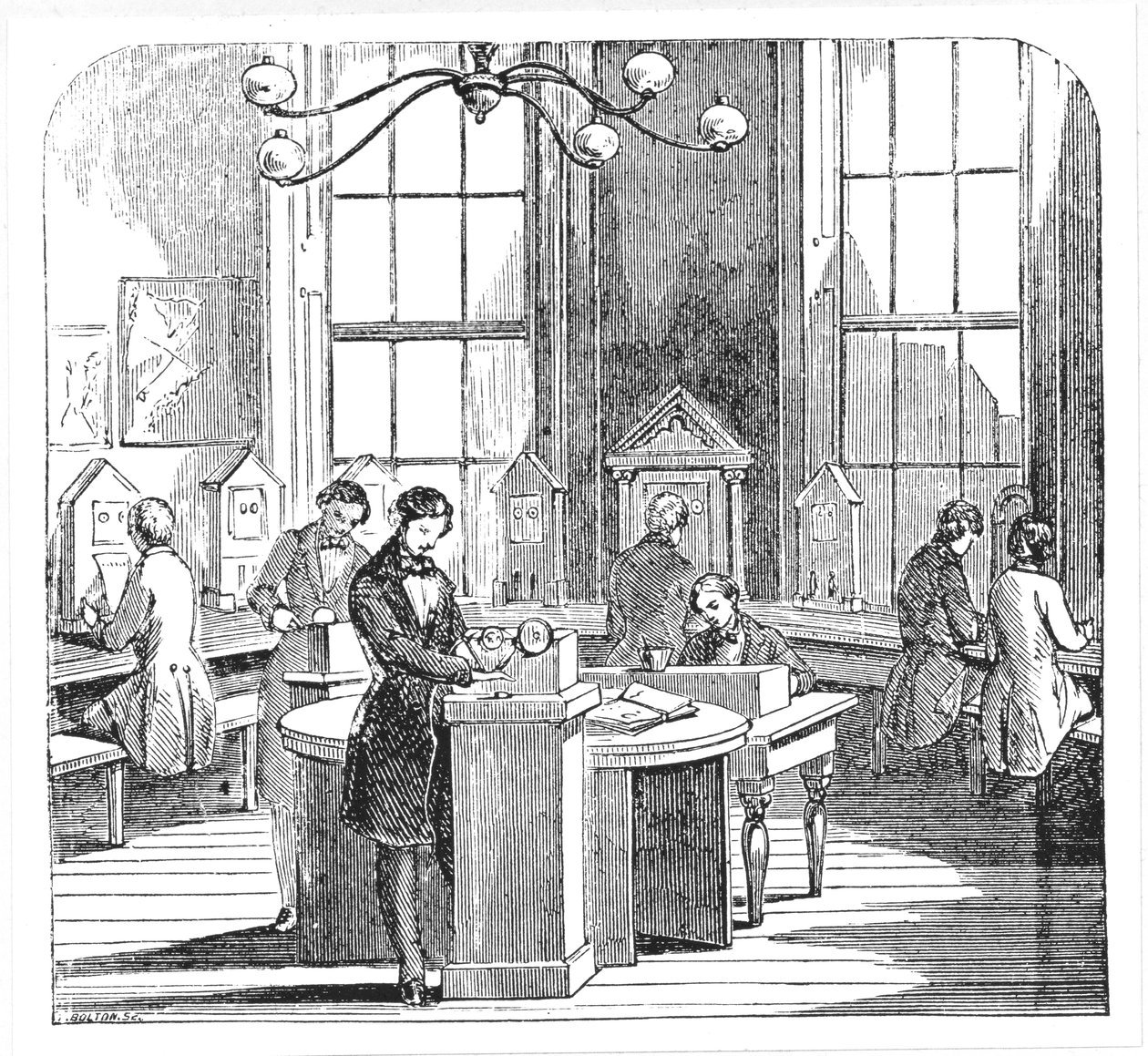 Instrumentrom ved Electric Telegraph Office, Lothbury, London, fra The Museum of Science and Art av Dionysius Lardner, ca. 1860 av English School