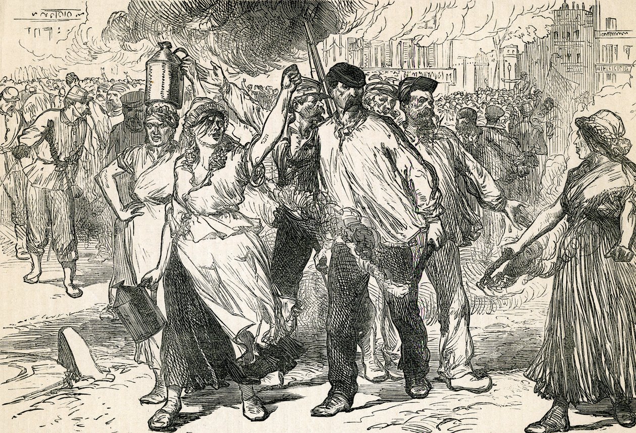 Opprørere herjer i gatene i Paris, hentet fra Cassells Illustrated History, 1872 av English School