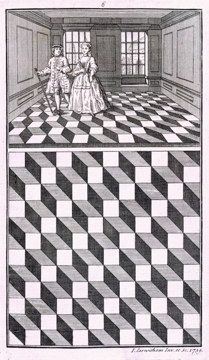 Interiør, illustrasjon fra forskjellige typer gulvdekorasjoner, av John Carwitham, 1739, bw gravering av English School