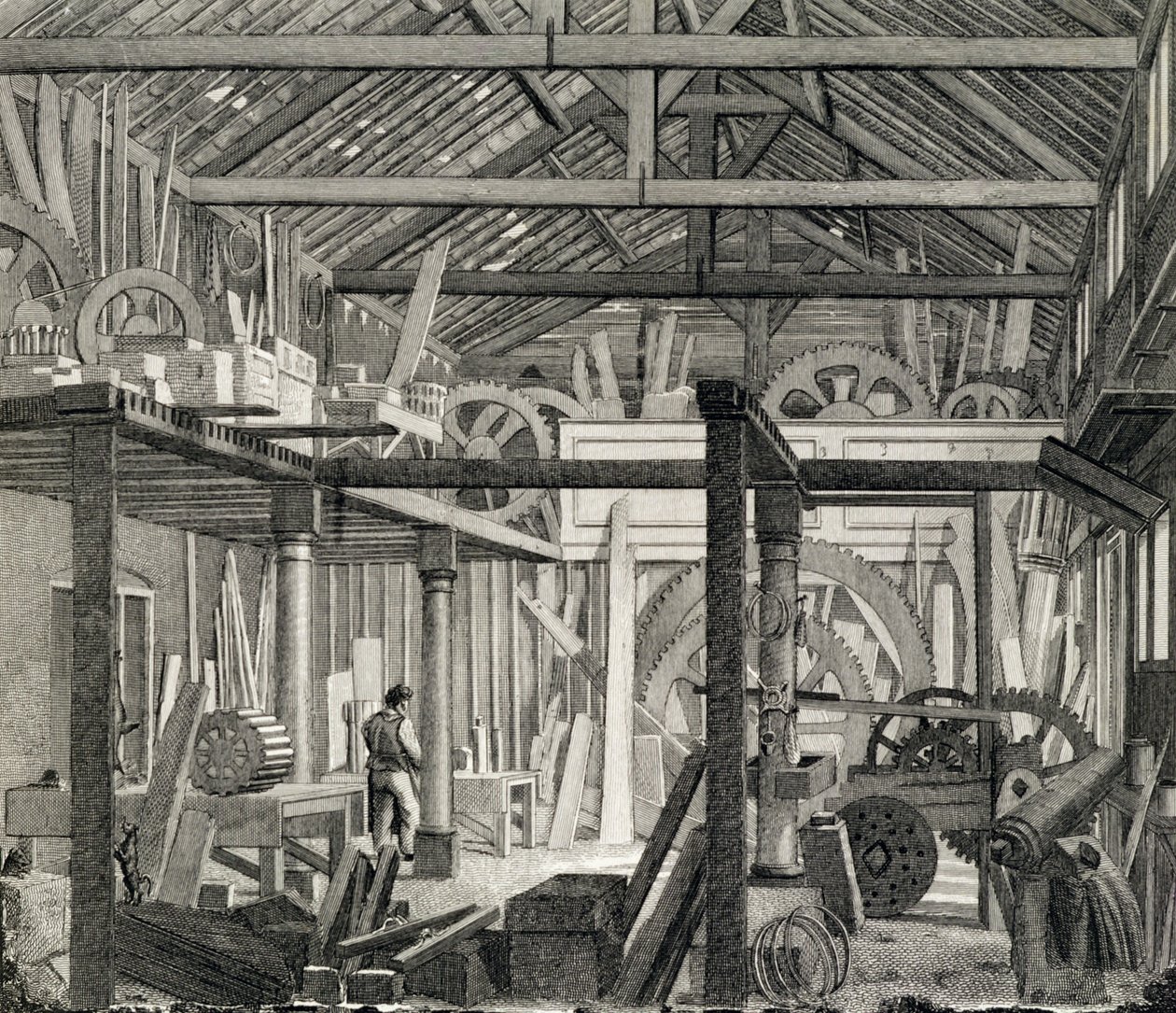 Innvendig utsikt over John Bunyans Meeting House i Zoar Street, Gravel Lane, Southwark, brukt som verksted og sagbruk, ca. 1822 (se også 190619) av English School