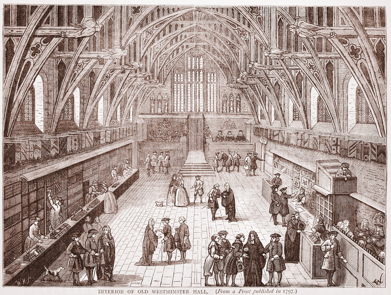 Interiør i Old Westminster Hall, fra et trykk utgitt i 1797 av English School