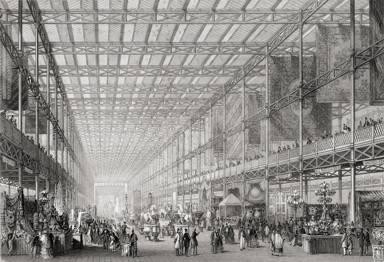 Interiør av The Great Industrial Exhibition fra 1851 i Hyde Park fra Cyclopaedia of Useful Arts & Manufactures, redigert av Charles Tomlinson, ca. 1880-tallet av English School