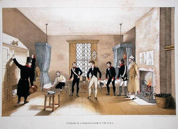 Interiøret i et brakkerom på R.M.A. (farge litho) av English School