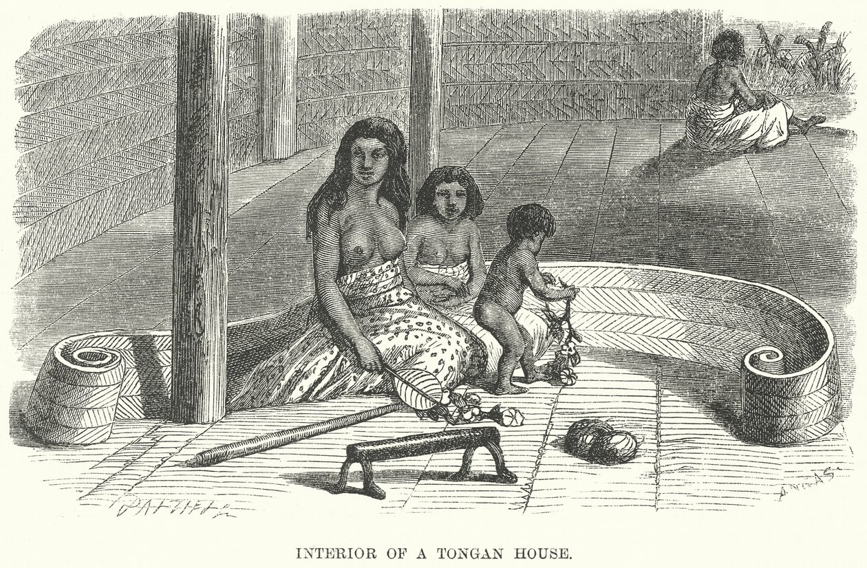 Interiør av et tongansk hus (gravering) av English School