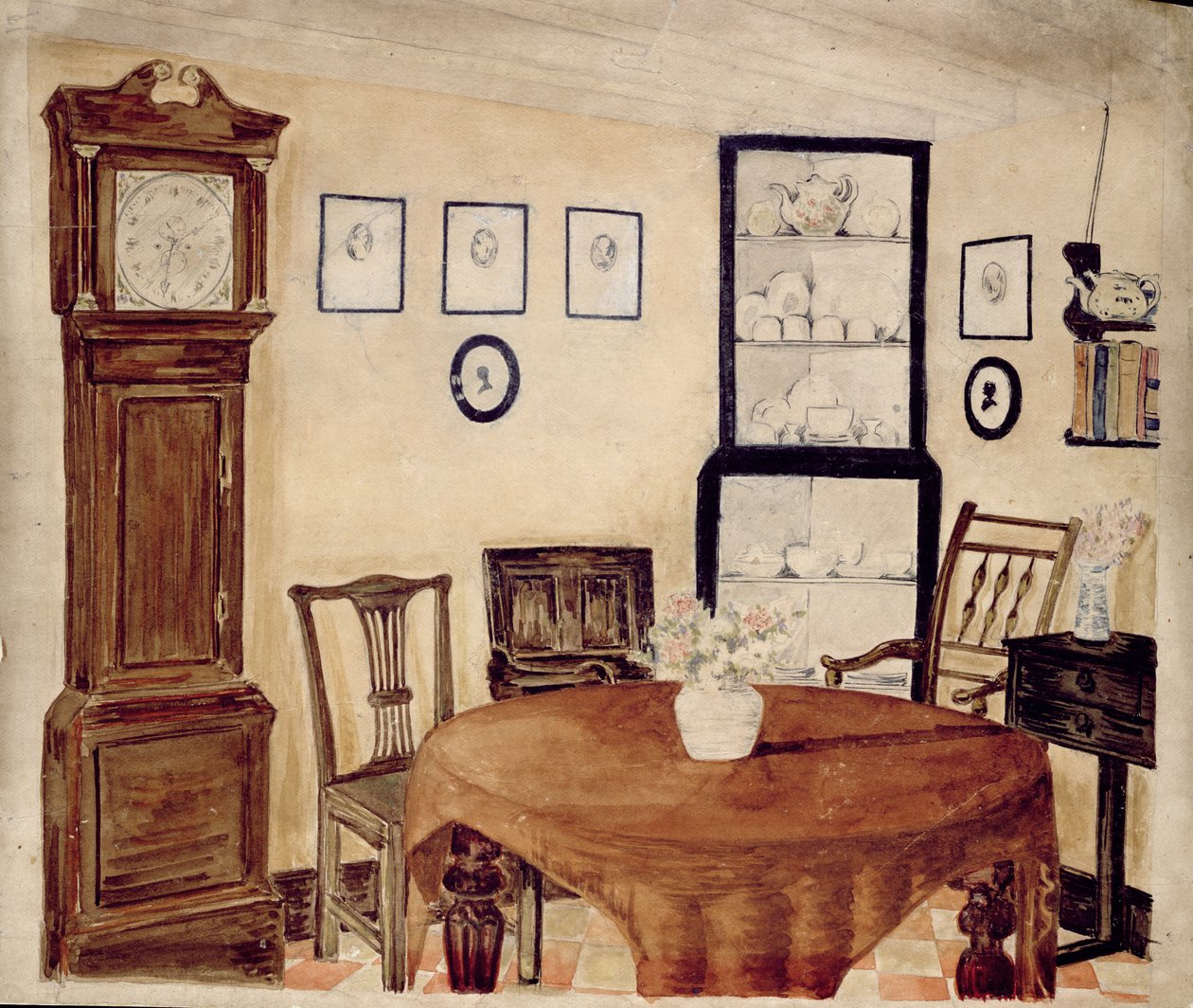 Interiør i et antikvitetshandlerhus, ca. 1870 (wc på papir) av English School