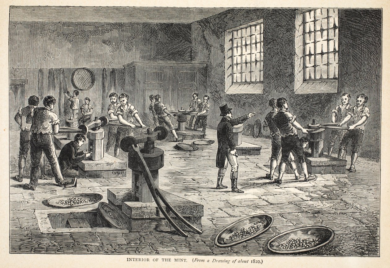 Myntverkets interiør, fra en tegning fra ca 1820 av English School