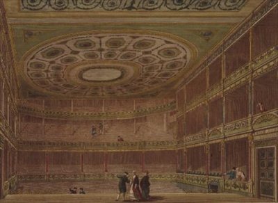 Interiøret i Theatre Royal, Drury Lane, sett fra scenen, endret og dekorert av Robert og James Adam av English School