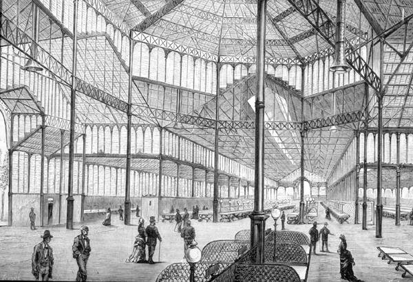 Interiør av det nylig fullførte Borne Market, Barcelona, på slutten av 1800-tallet (gravering) av English School