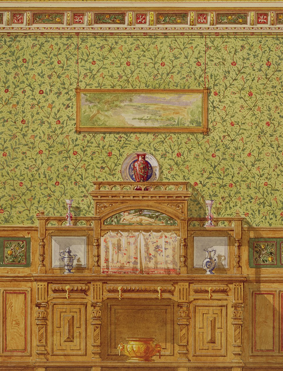 Interiør med skjenk, ca. 1870-tallet (wc på papir) av English School