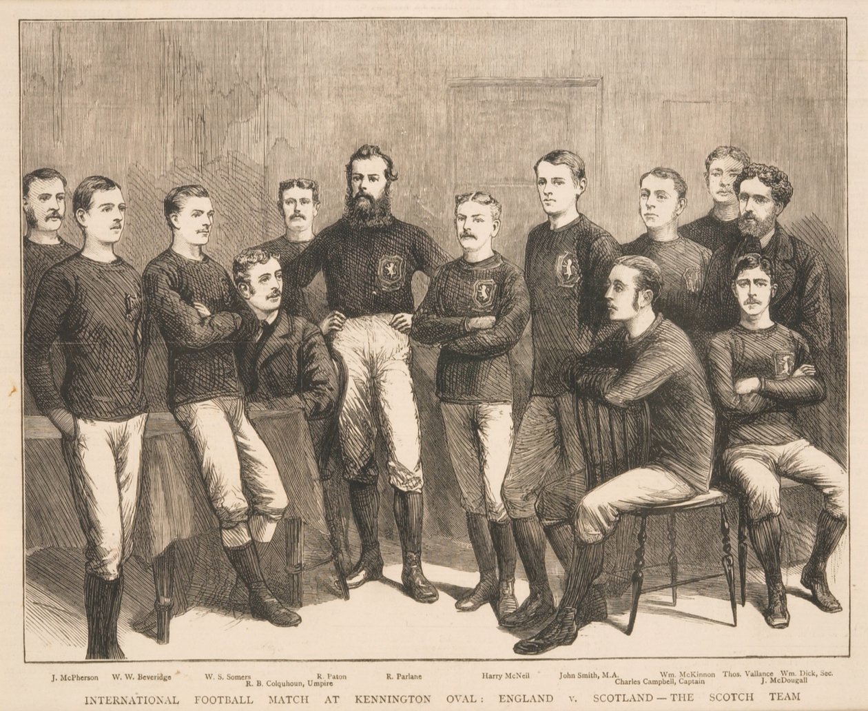 Internasjonal fotballkamp på Kennington Oval: England vs. Skottland - The Scotch Team, fra The Graphic, 1879 av English School