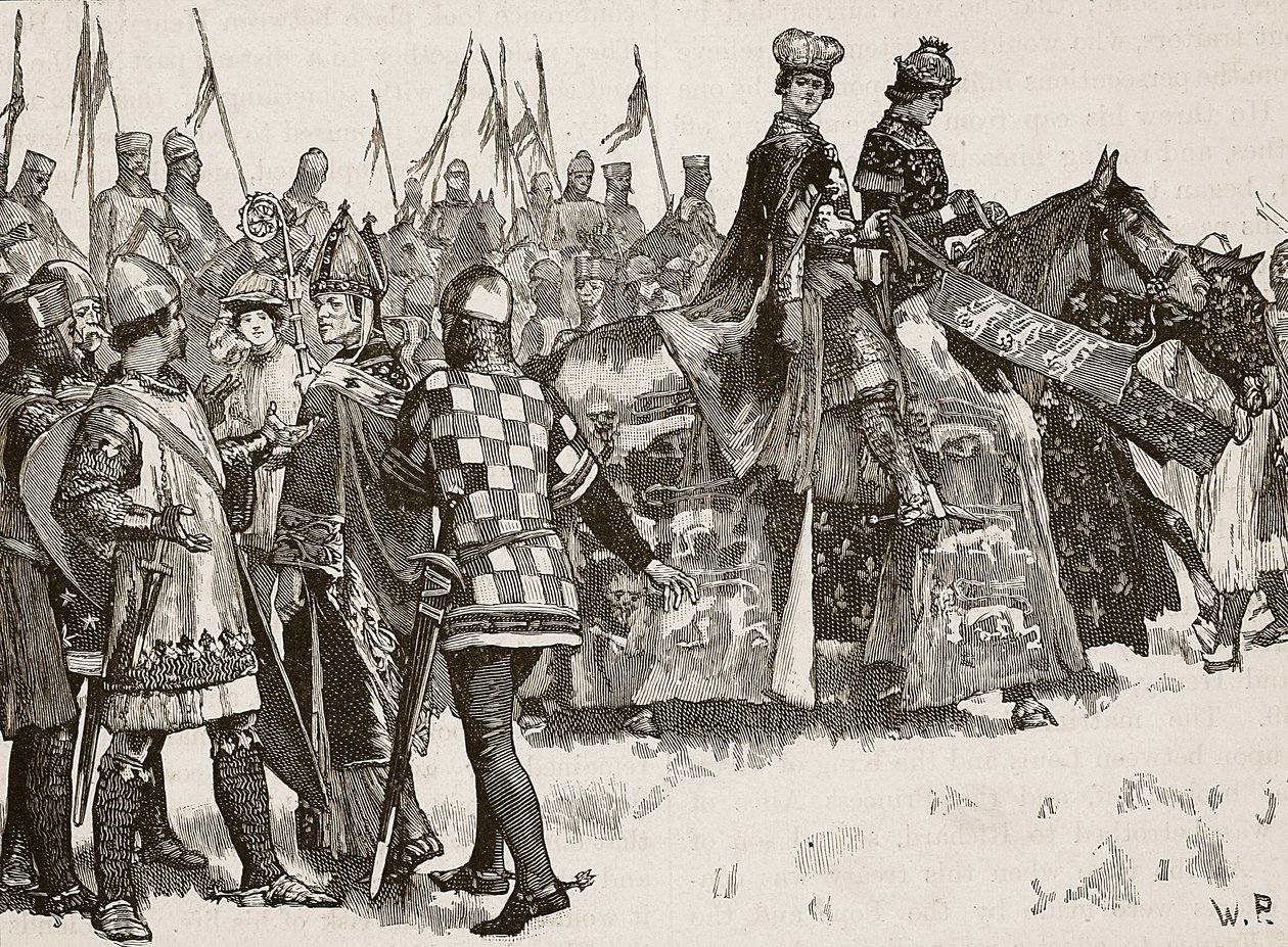 Intervju mellom Becket og kong Henry, illustrasjon fra Cassells Illustrated History of England (sepiafoto) av English School