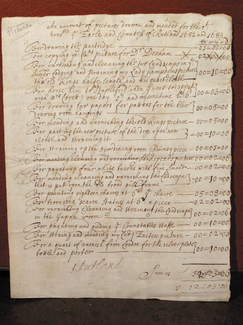 Faktura for rengjøring av et portrett av William Shakespeare, ca. 1682 (blekk på papir) av English School