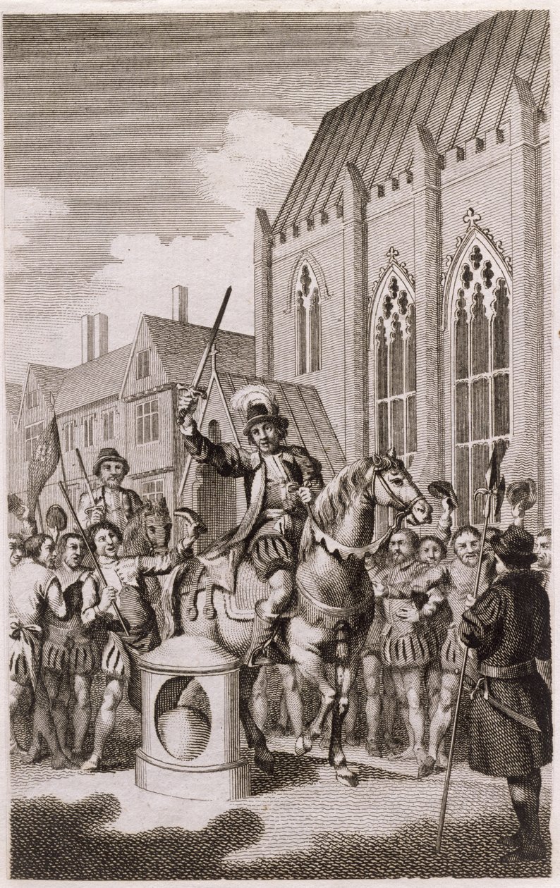 Jack Cades opprør i 1450: Case erklærte seg som Lord of the City of London ved London Stone, Cannon Street, ca. 1770 av English School