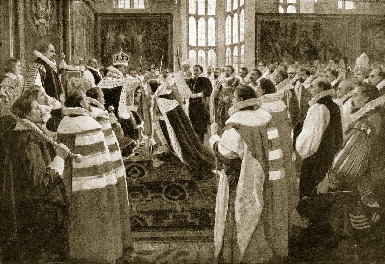 James I investerer sønnen Charles som Prince of Wales, 1616, illustrasjon fra Hutchinsons Story of the British Nation, ca. 1923 av English School