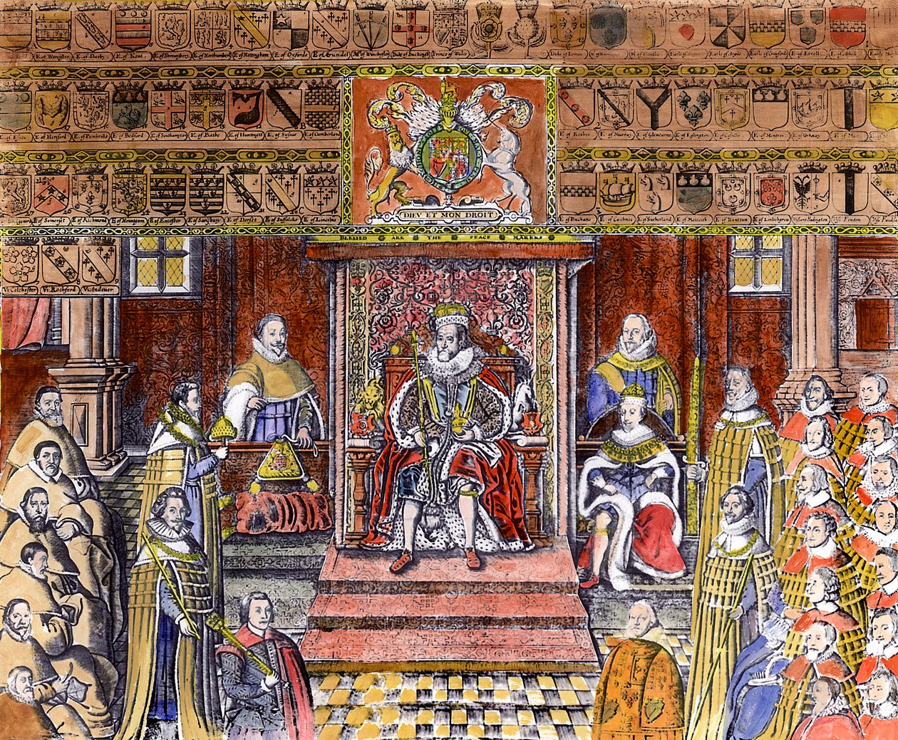 James I av England (1566-1625) ved Court, (gravering) (senere fargelegging) av English School