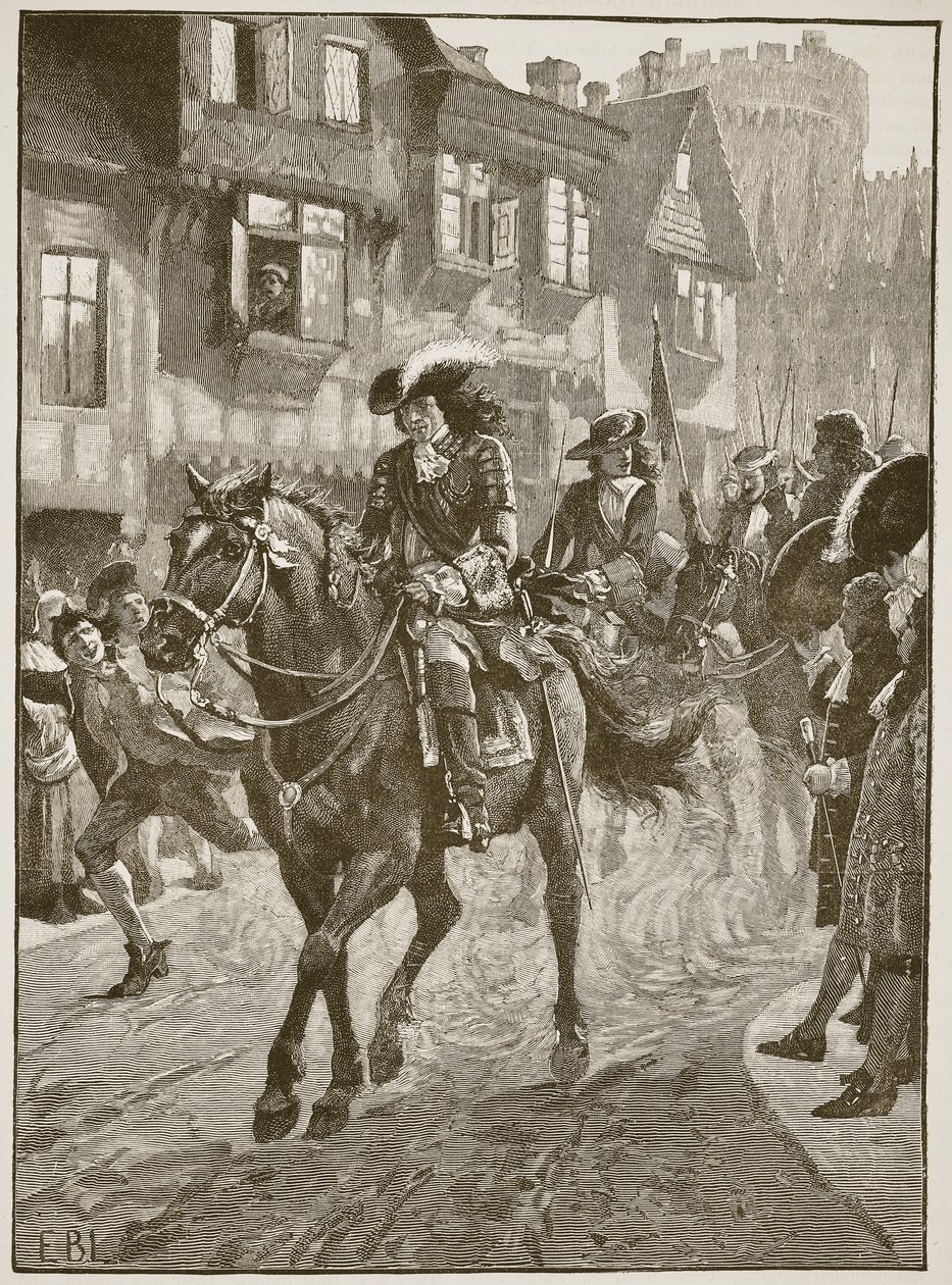 James kommer inn i Dublin etter slaget ved Boyne, illustrasjon fra Cassells Illustrated History of England (sepiafoto) av English School