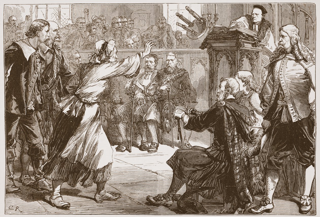 Janet Geddes kaster krakken mot dekanen i Edinburgh, illustrasjon fra The History of Protestantism av James Aitken Wylie (1808-1890), pub. 1878 av English School