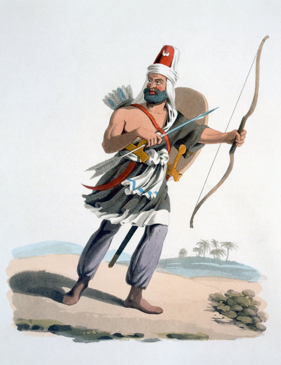 Janissary of Arabia, fra The Military Costume of Turkey, 1830 (håndfarget etsning og akvatint) av English School