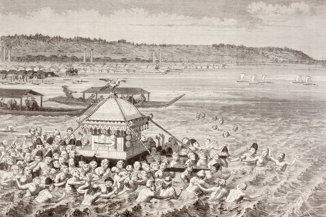Japanske fiskere som feirer Gots-Tennoo på 1800-tallet (litho) av English School