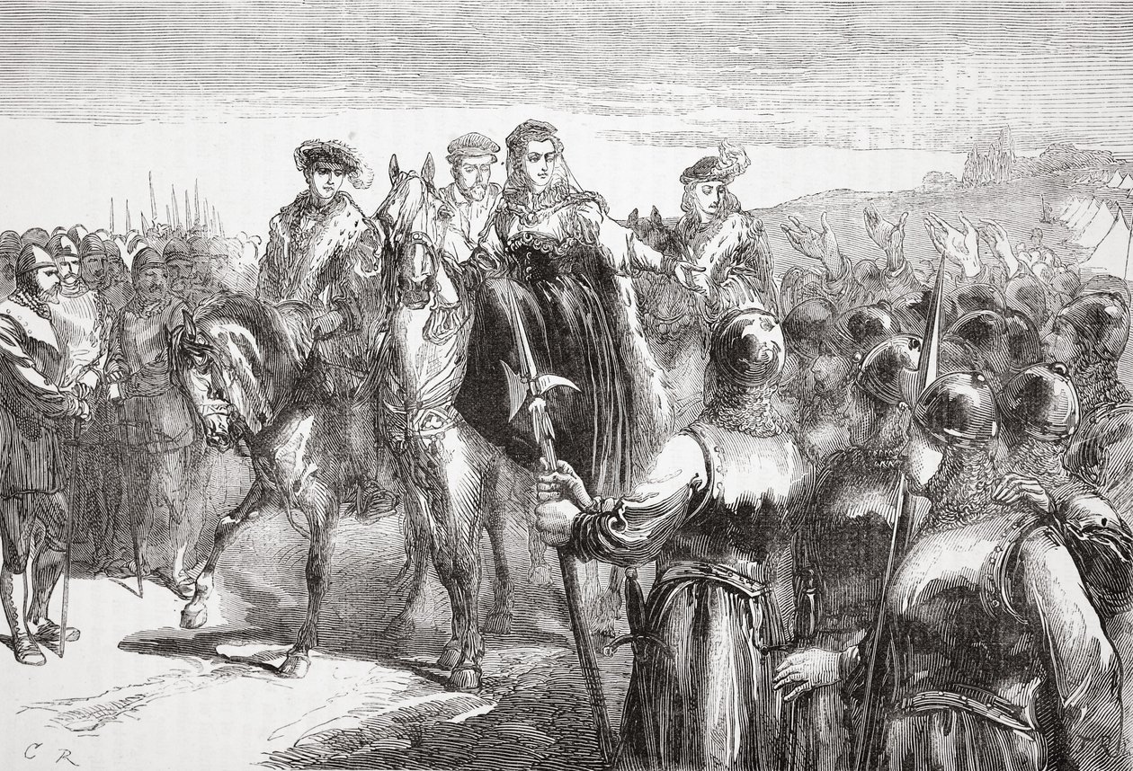 Jeanne DAlbret, dronning av Navarre, henvender seg til hugenottsoldatene, illustrasjon fra The History of Protestantism av James Aitken Wylie (1808-1890), pub. 1878 av English School