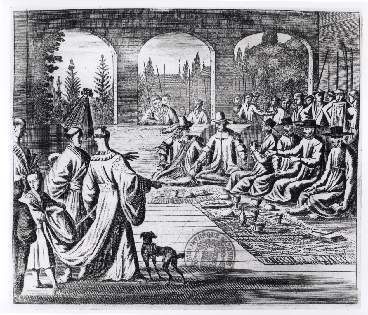 Jesuitter med nederlandske og portugisiske kjøpmenn ved hoffet til den japanske keiseren, illustrasjon fra A Memorable Embassy to the Emperor of Japan av Arnold Montanus, utgitt i London 1670 av English School