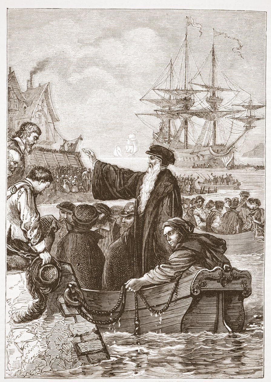 John Alasco og hans menighet forlater England, illustrasjon fra The History of Protestantism av James Aitken Wylie (1808-1890), pub. 1878 av English School