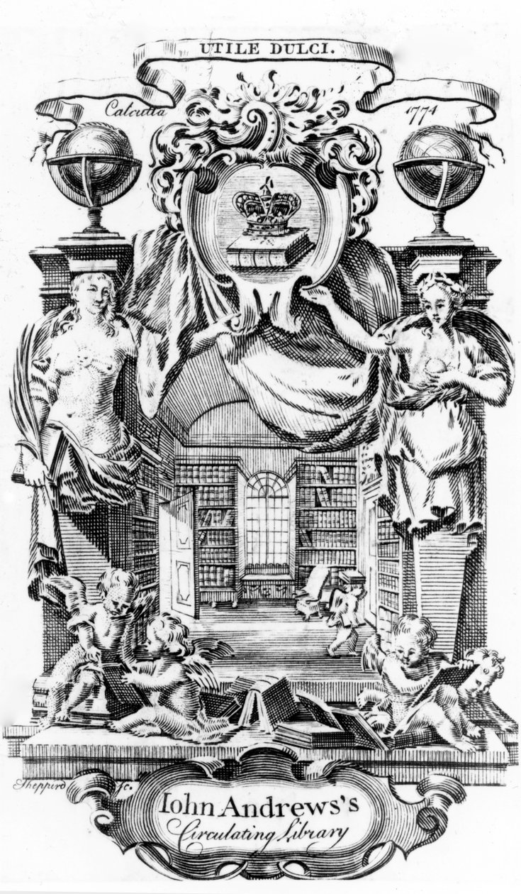 John Andrewss Circulating Library bokplate av Joseph Shepperd, utgitt i Calcutta, 1774 av English School