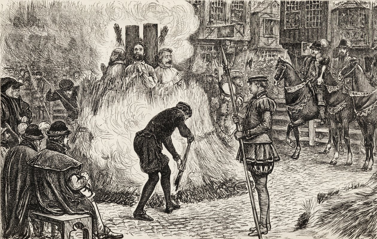 John Bland, John Frankesh, Nicholas Sheterden og Humphrey Middleton ble brent levende for kjetteri på 1500-tallet, ca. 1865 (tregravering) av English School
