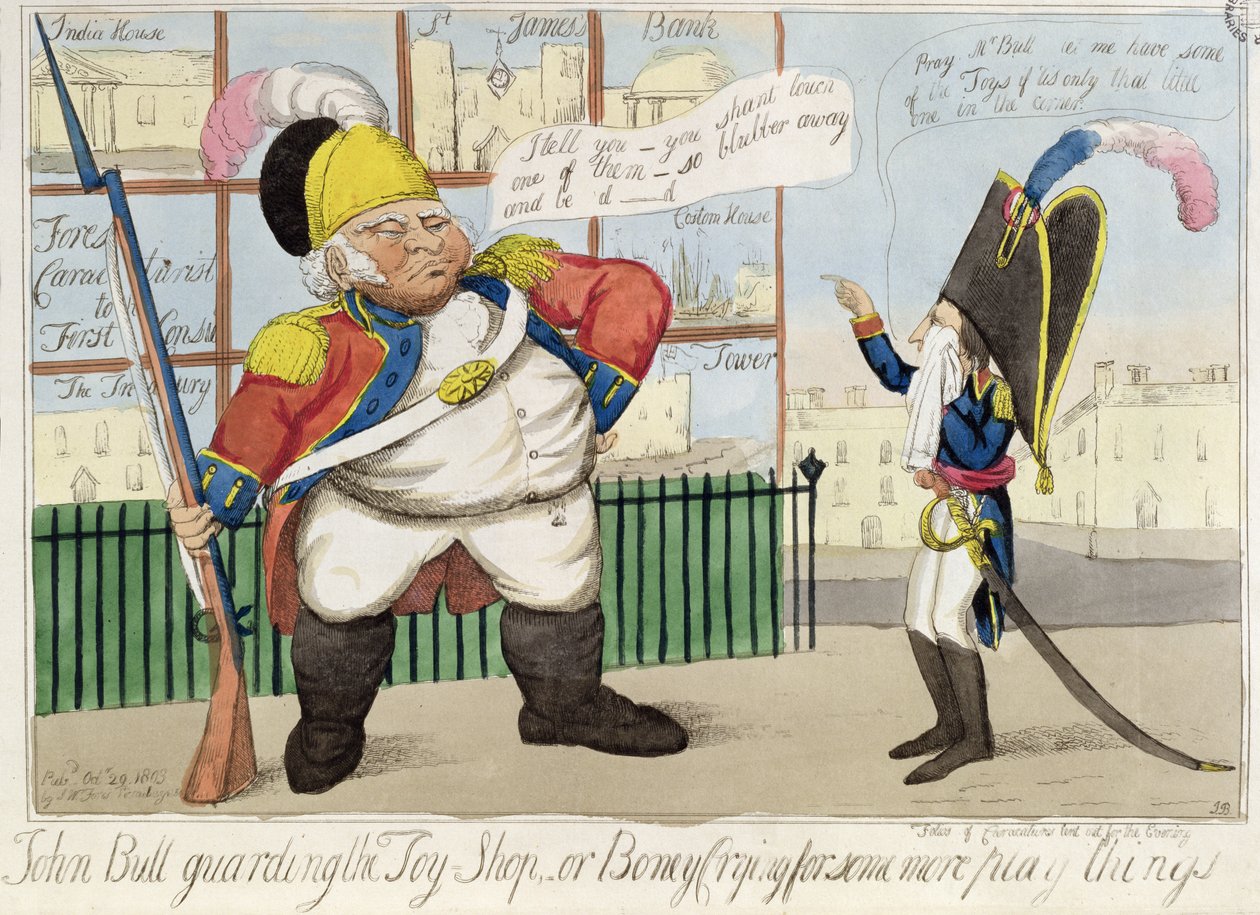 John Bull Guarding the Toy Shop, eller Boney Crying for Some More Play Things, pub. av SW Fores, 1803 (farget etsning) av English School