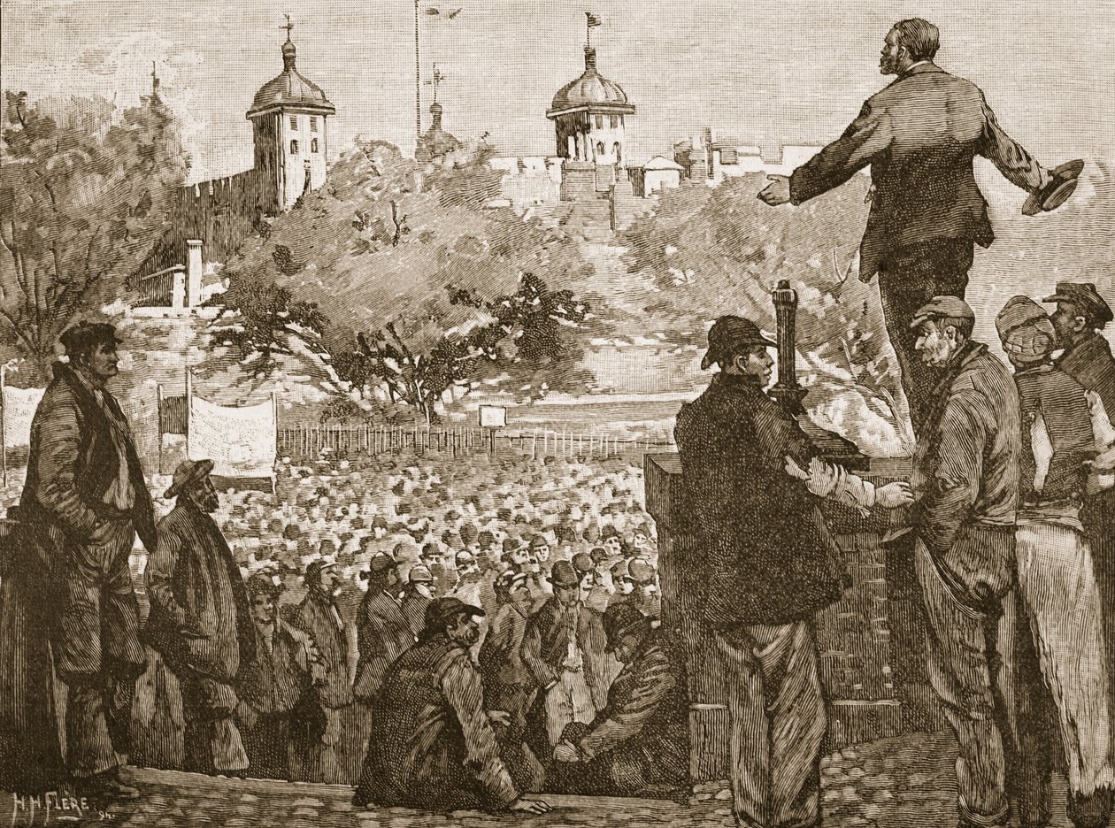 John Burns talte til et møte med havnearbeidere i Tower Hill, 1889, illustrasjon fra Cassells Illustrated History of England (sepia-foto) av English School