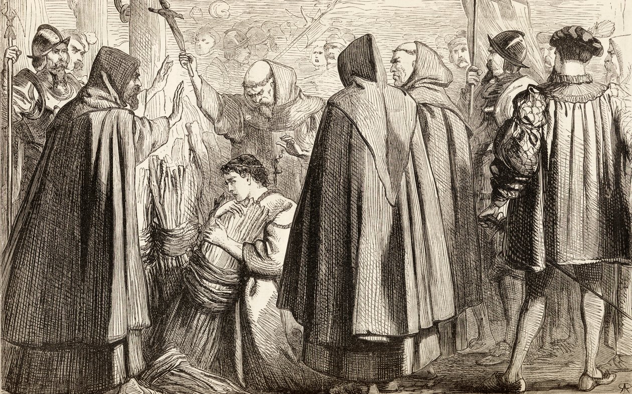 John Frith var i ferd med å bli brent på bålet for kjetteri i 1533, ca. 1865 (tregravering) av English School