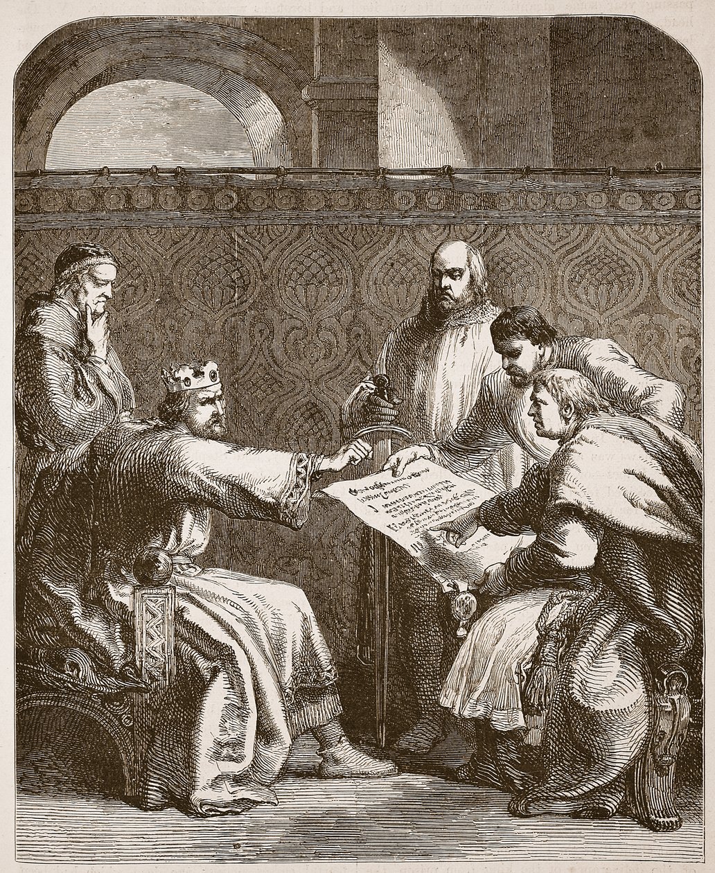 John nekter å signere artiklene til baronene, illustrasjon fra Cassells Illustrated History of England (sepiafoto) av English School