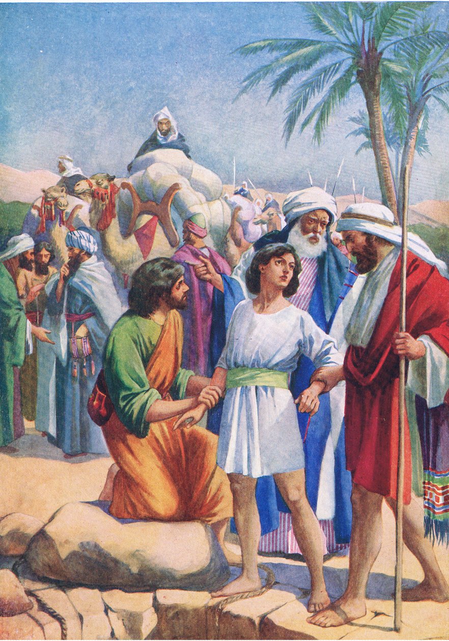 Joseph solgt av brødrene hans, fra The Bible Picture Book utgitt av Thomas Nelson, ca. 1950 av English School