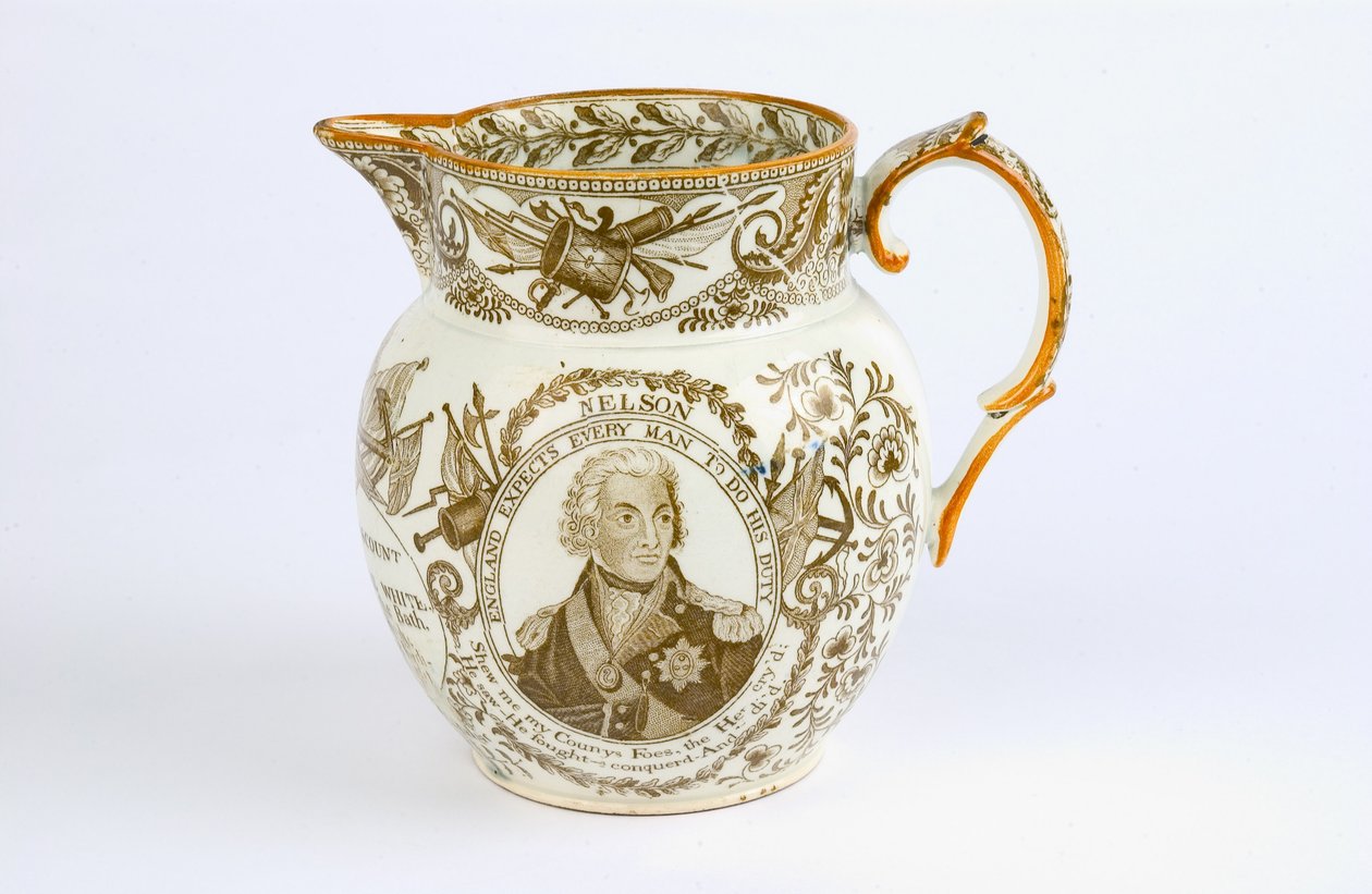 Kanne med overføringsdesign til minne om kampene og æresbevisningene til Horatio Nelson (1758–1805) ca. 1805 (lertøy) av English School