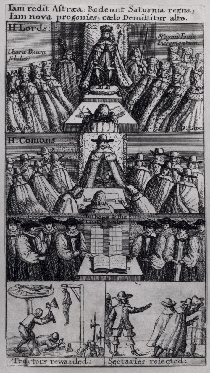 Kong Charles II (1630-85) med parlamentets hus, 1660 av English School