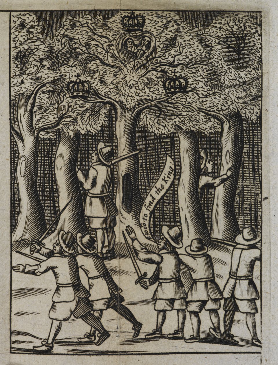 Kong Charles II gjemmer seg i Boscobel Woods, fra "The History of his Sacred Majesties most Wonderfull Preservation, after the Battle of Worcester" av English School