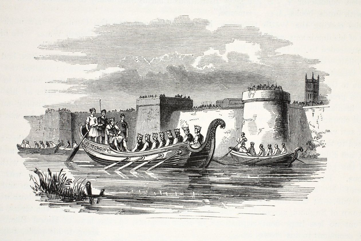Kong Edgar rodde av åtte konger på River Dee, pub. 1800-tallet (stålgravering) av English School