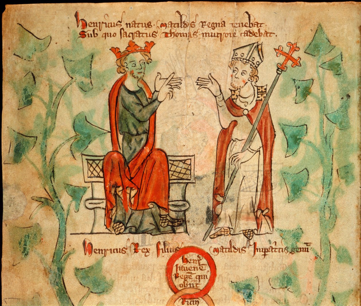 Kong Henry II satt på tronen og kranglet med Thomas Becket, illustrasjon fra 