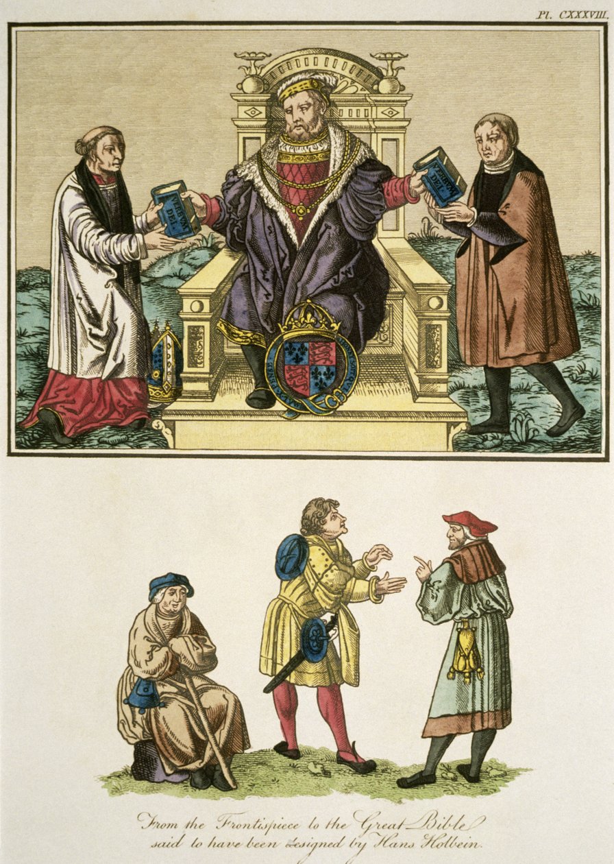 Kong Henry VIII (1491-1547) fra frontispicen til Den Store Bibelen sies å ha blitt designet av Hans Holbein (14978-1543) illustrasjon fra The Complete View of the Dress and Habits of the People o av English School