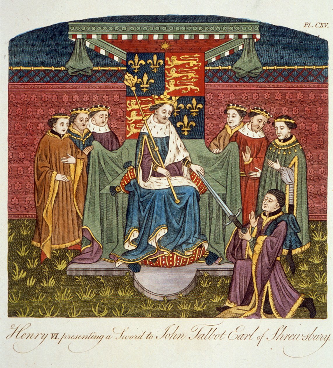 Kong Henry VI (1421-71) presenterer et sverd til John Talbot (ca. 1388-1453) Earl of Shrewsbury, illustrasjon fra The Complete View of the Dress and Habits of the People of England bind II, publisert 17. av English School