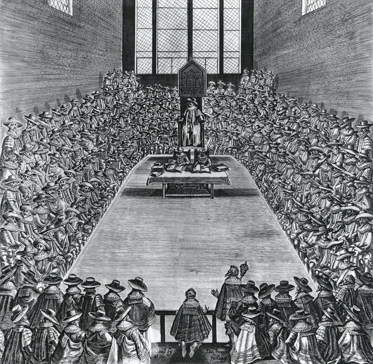 King James I (1566-1625) i Houses of Parliament, 1624 av English School