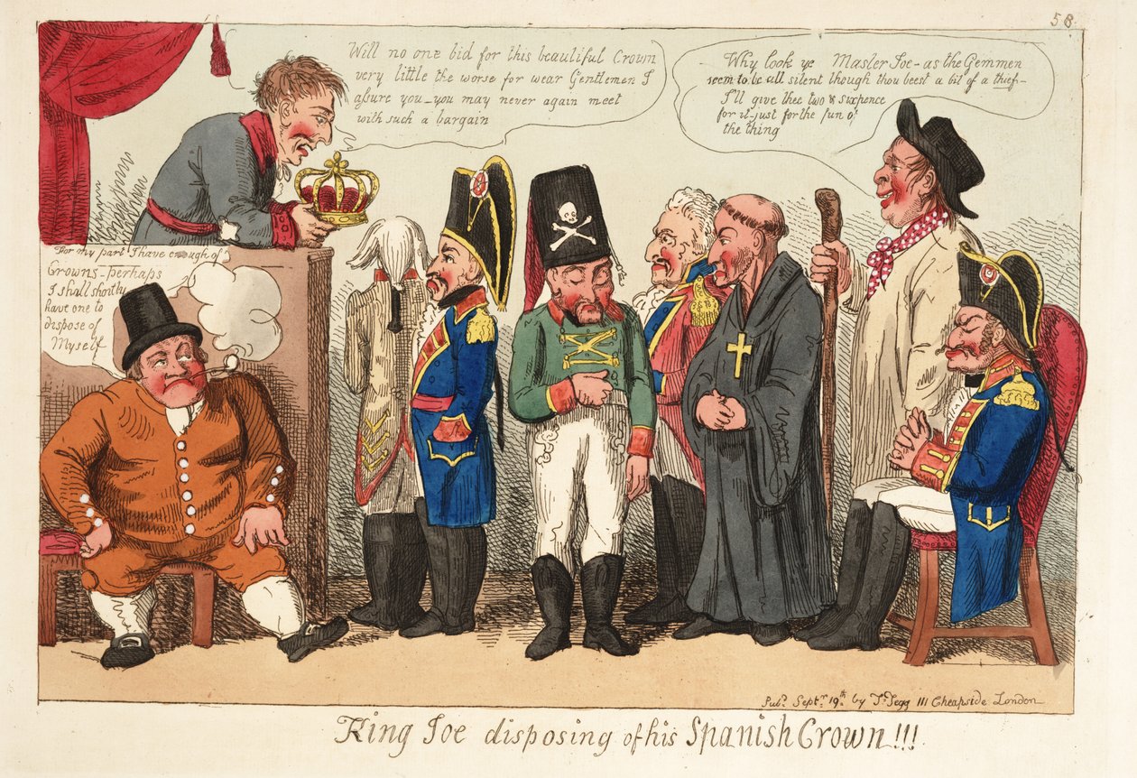 Kong Joe kaster sin spanske krone!!! Pub. 1808 (håndfarget gravering) av English School