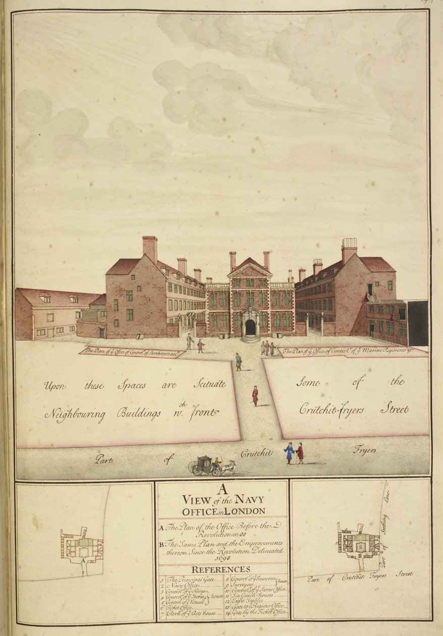 Kings 43, f.147 A View of the Navy Office, London av English School