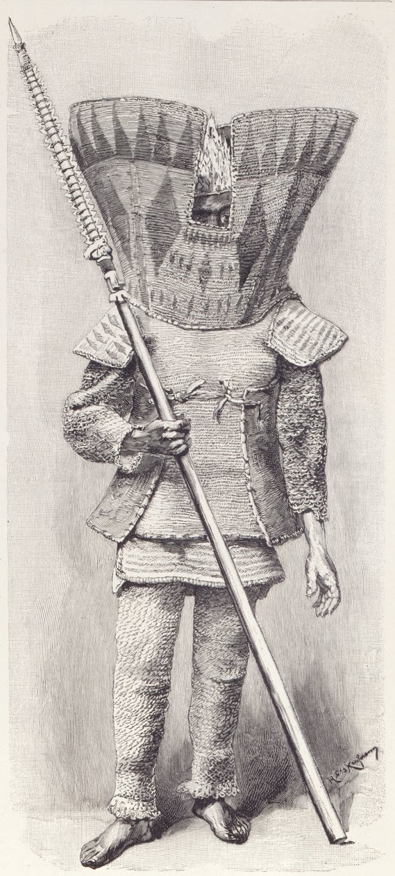 Kingsmill Islander i full rustning, fra The History of Mankind, Vol.1, av Prof, Friedrich Ratzel, 1896 av English School