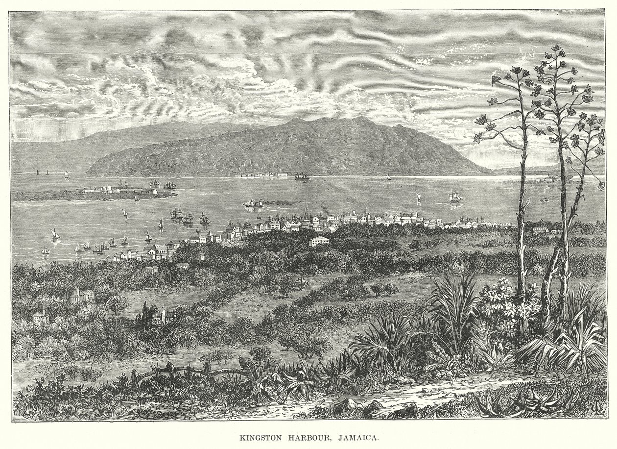 Kingston havn, Jamaica (gravering) av English School