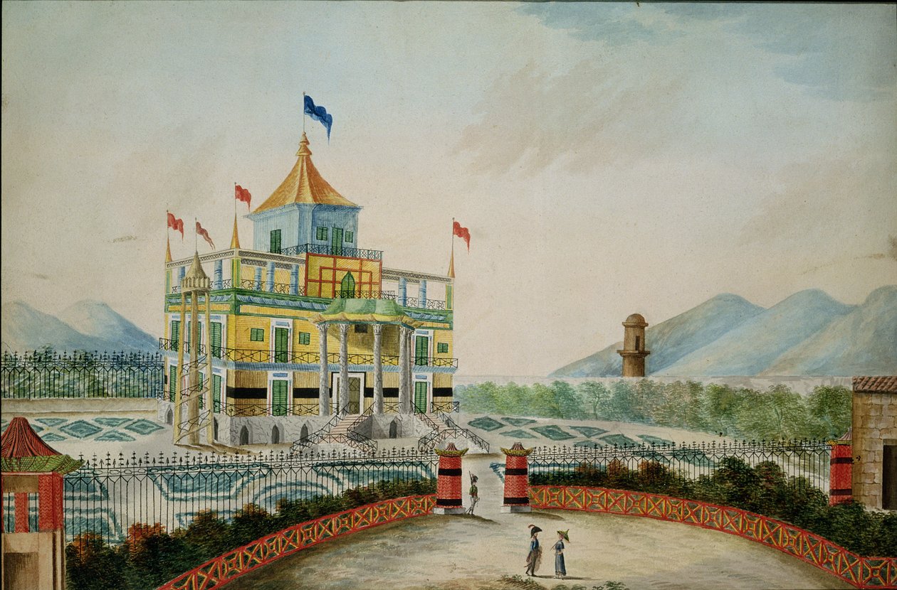 La Favorita eller Chinese Palace, Palermo, designet av Marvuglia og Giuseppe Patricola for kong Fernando IV, ca. 1815 (wc på papir) av English School
