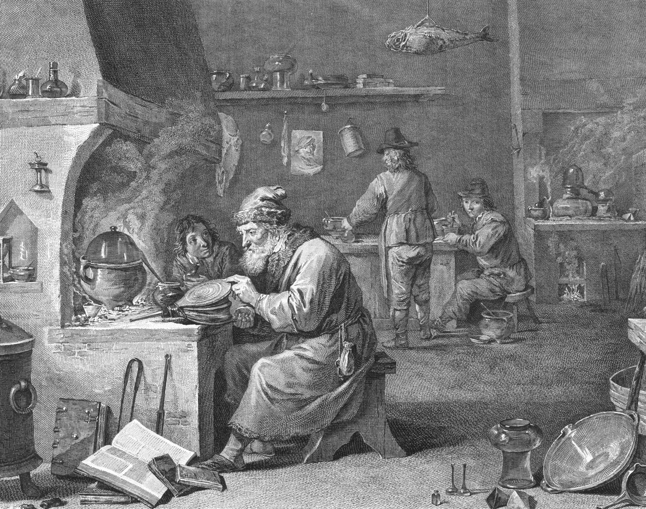 Laboratorium for en alkymist, 1700- eller 1800-tallet av English School