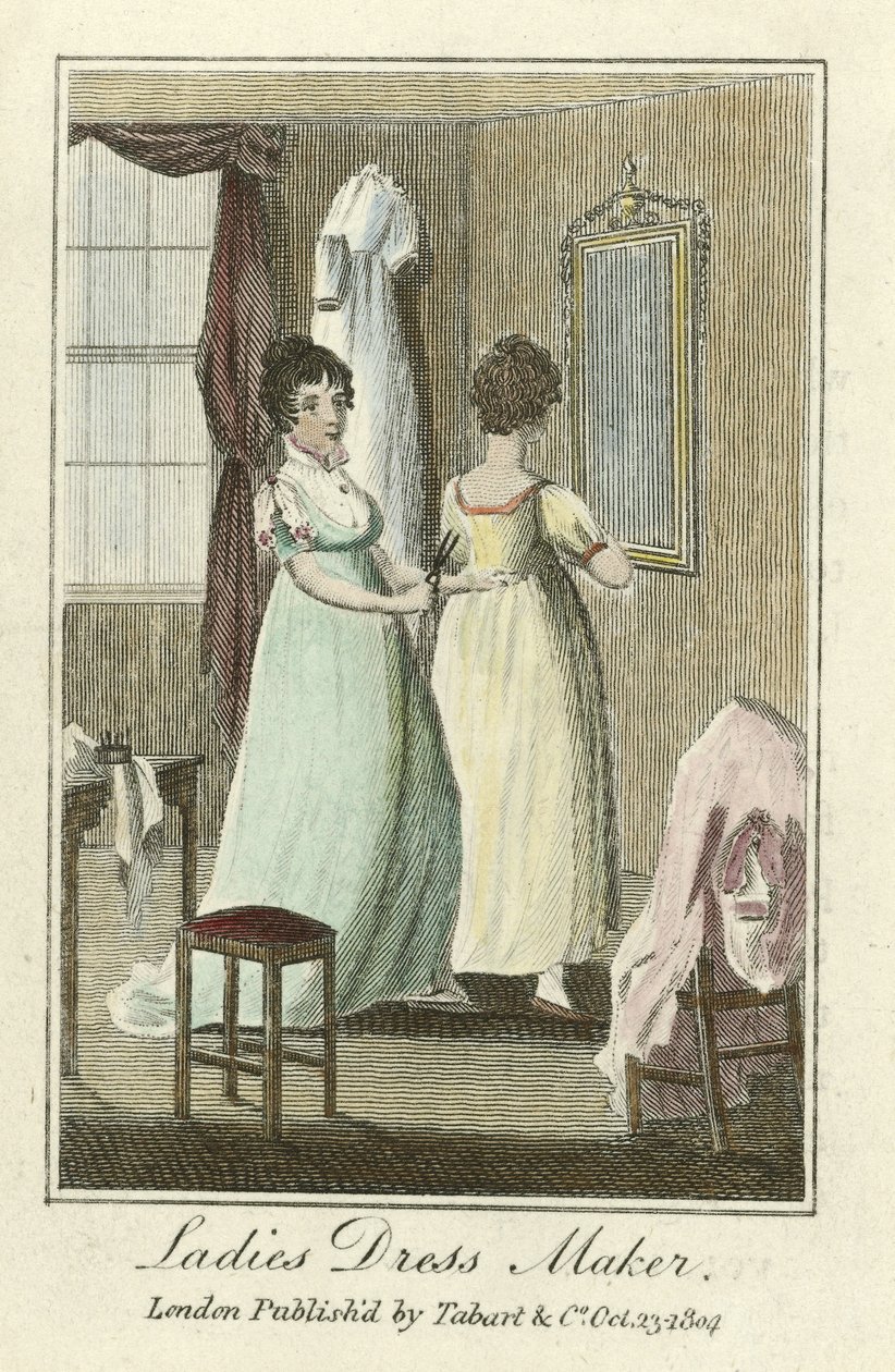 Kjolemaker for kvinner, pub. 1804 (håndfarget gravering) av English School