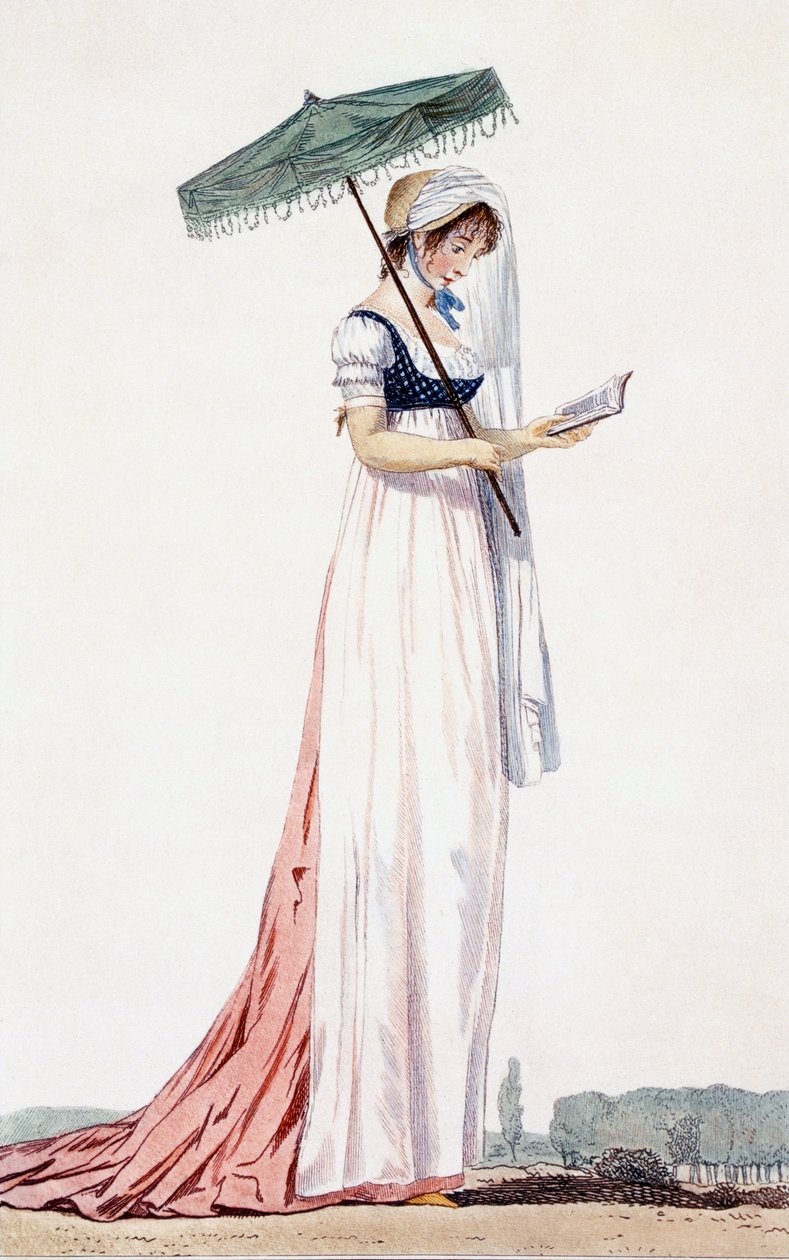 Elegant sommerkjole for damer med parasoll, fra Delacourt, 1770 (fargegravering) av English School
