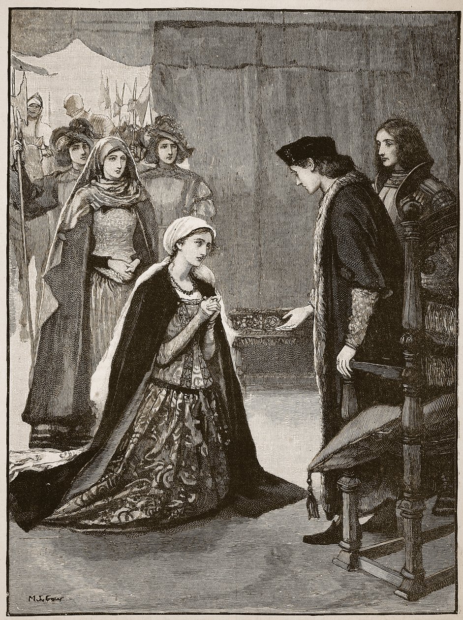 Lady Catherine Gordon før Henry VII, illustrasjon fra Cassells Illustrated History of England (sepiafoto) av English School